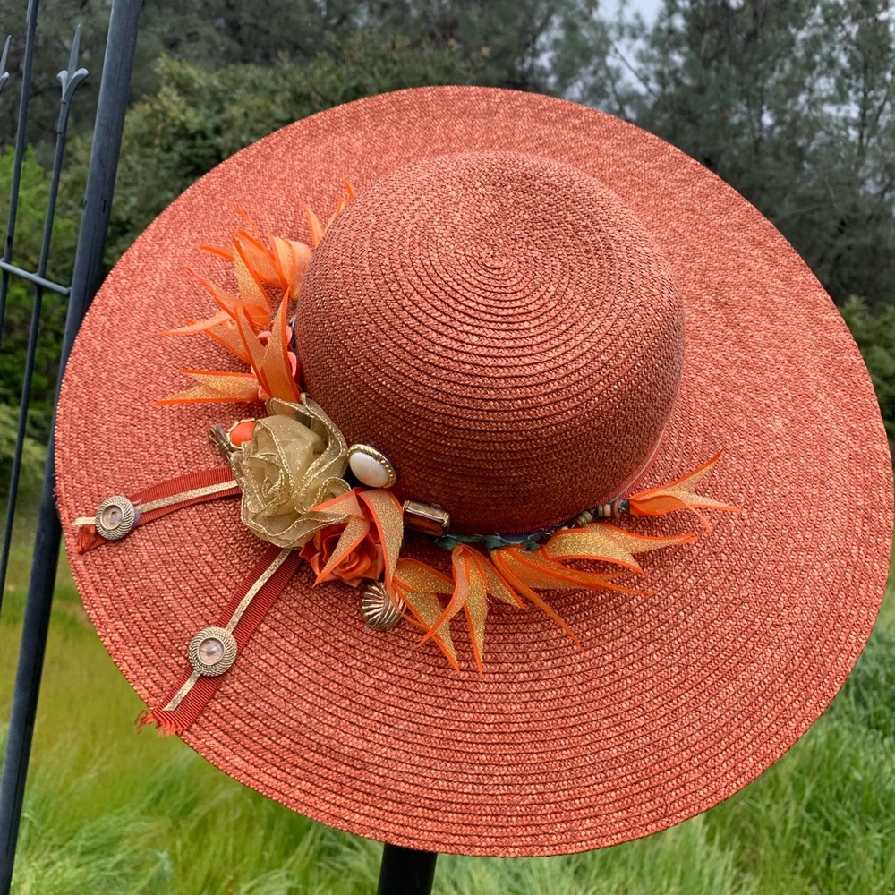 Kreativekristen upcycled Orange wide brim straw Hat with Floral Accents - Picture 10 of 12